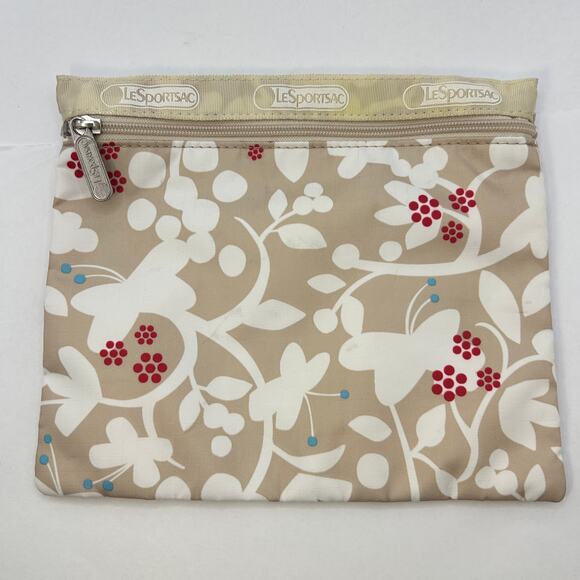 Le Sportsac Classic 1 Zip Cosmetic Pouch MakeUp Bag Beige Floral Butterfly Print - Picture 1 of 6